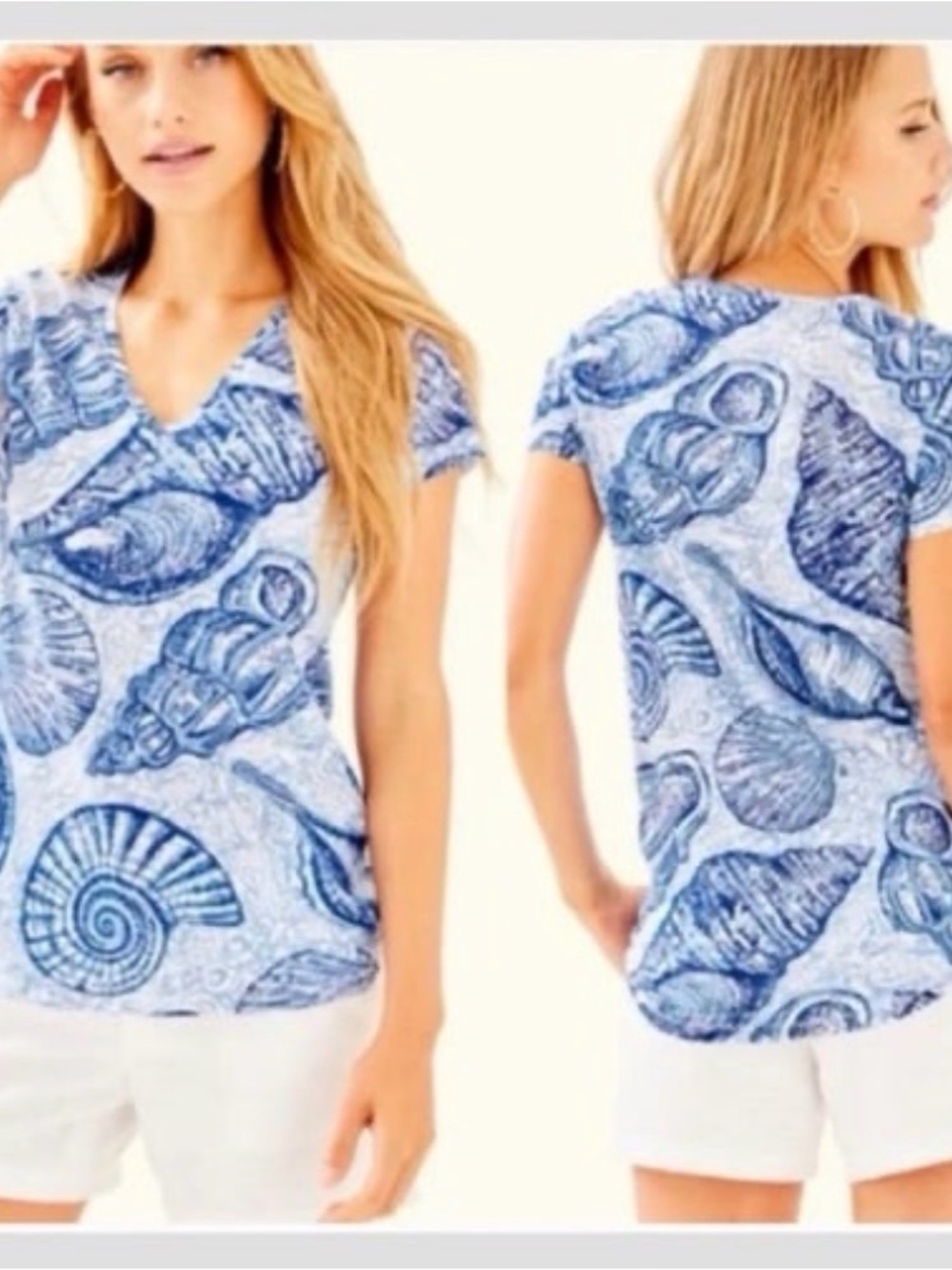 Lilly Pulitzer Etta V-Neck Tee L Shell We? Blue White Seashell Print Top